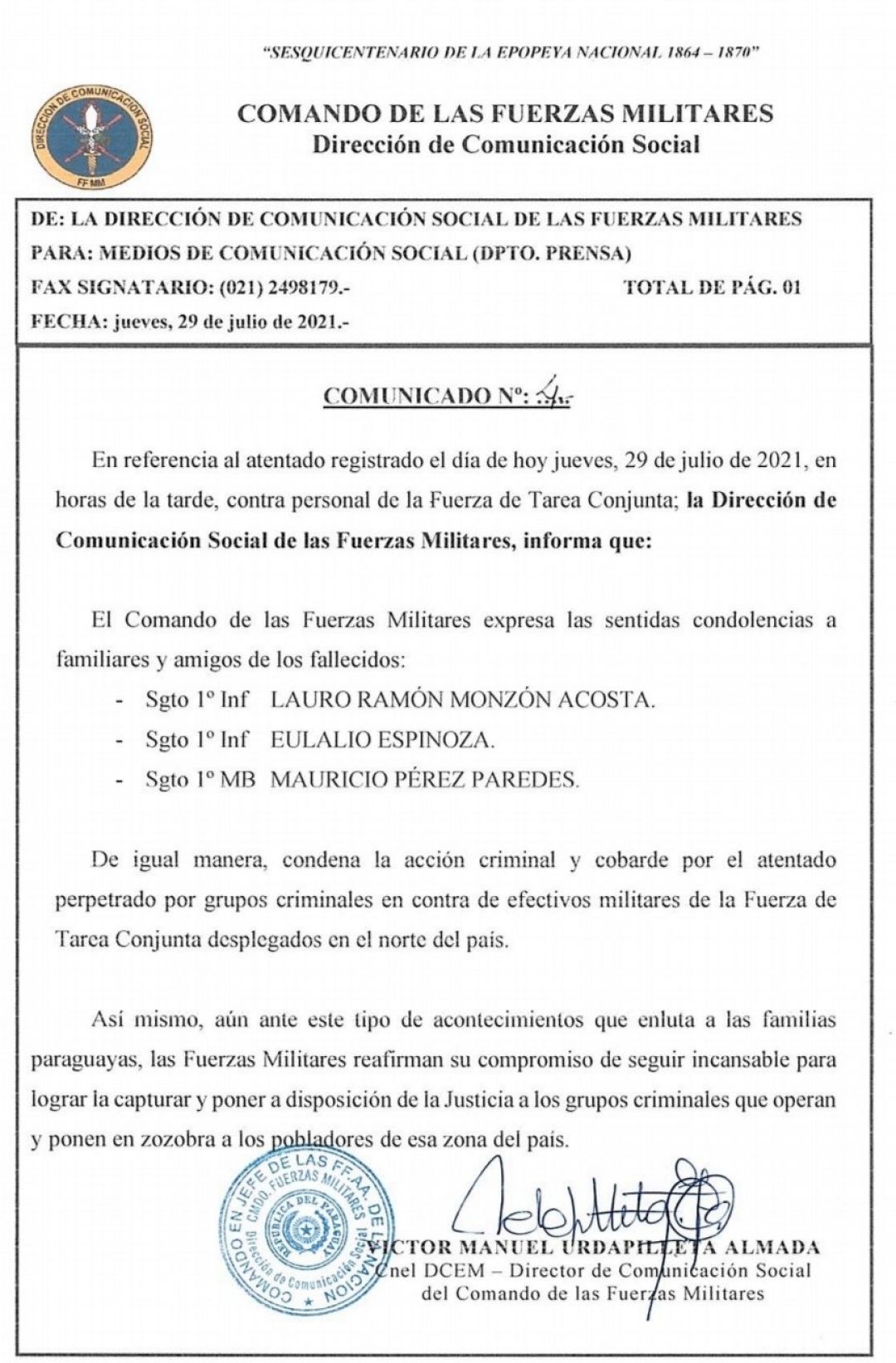 Confirman identidad de militares fallecidos en atentado