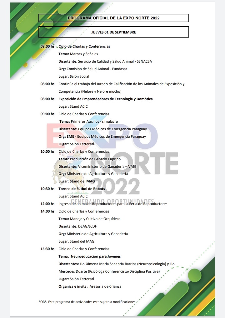 Programa Oficial de la EXPO NORTE 2022: Jueves 1 de septiembre