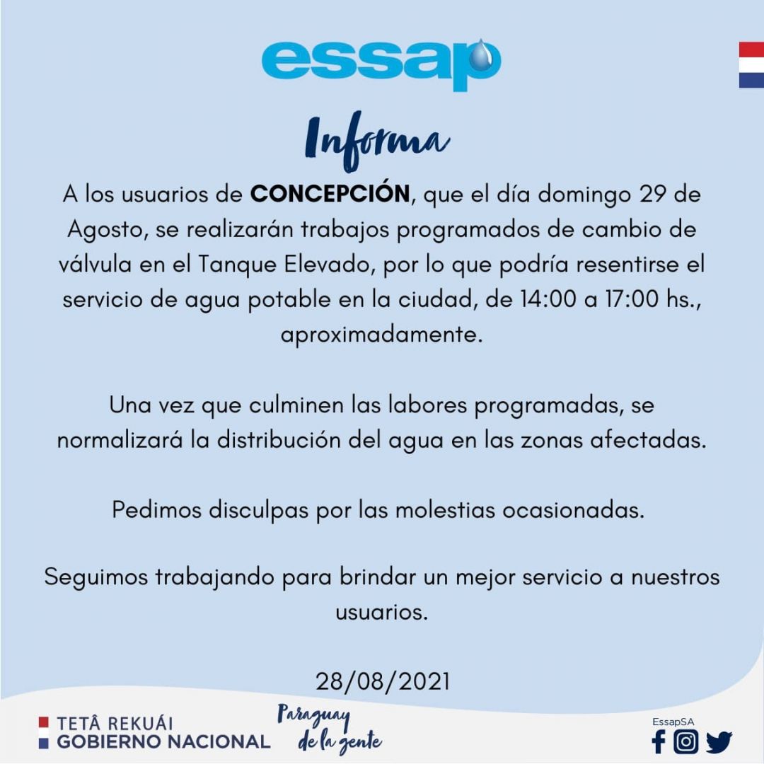 Essap informa sobre temporal corte de suministro de agua potable