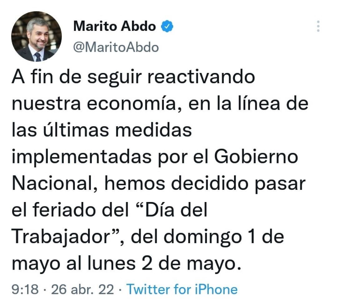 Feriado por el Día del Trabajador pasa al 2 de mayo
