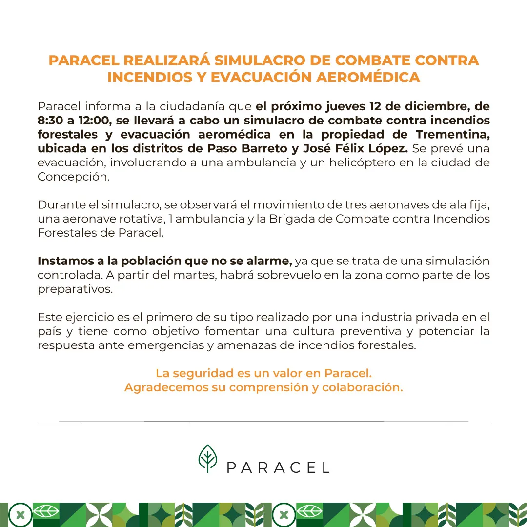 Paracel realizará simulacro de combate contra incendios y evacuación aeromédica