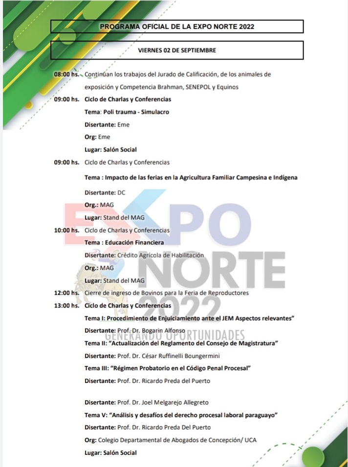 Programa Oficial de la EXPO NORTE 2022: Viernes 2 de septiembre