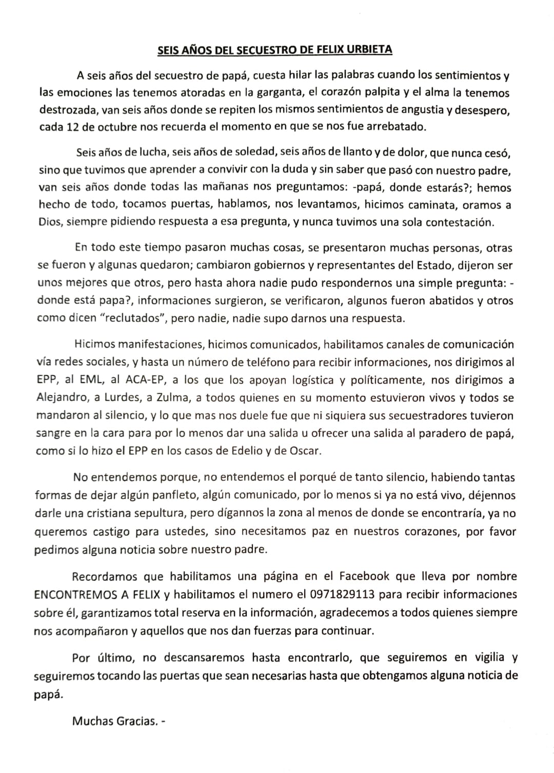 Seis años del secuestro del ganadero Félix Urbieta