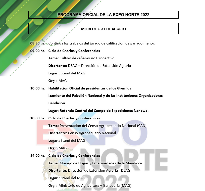 Programa Oficial de la EXPO NORTE 2022: Miércoles 31 de agosto