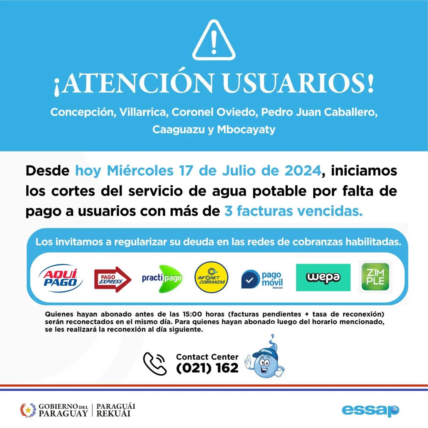 Essap anuncia corte del suministro de agua potable en Concepción por falta de pago