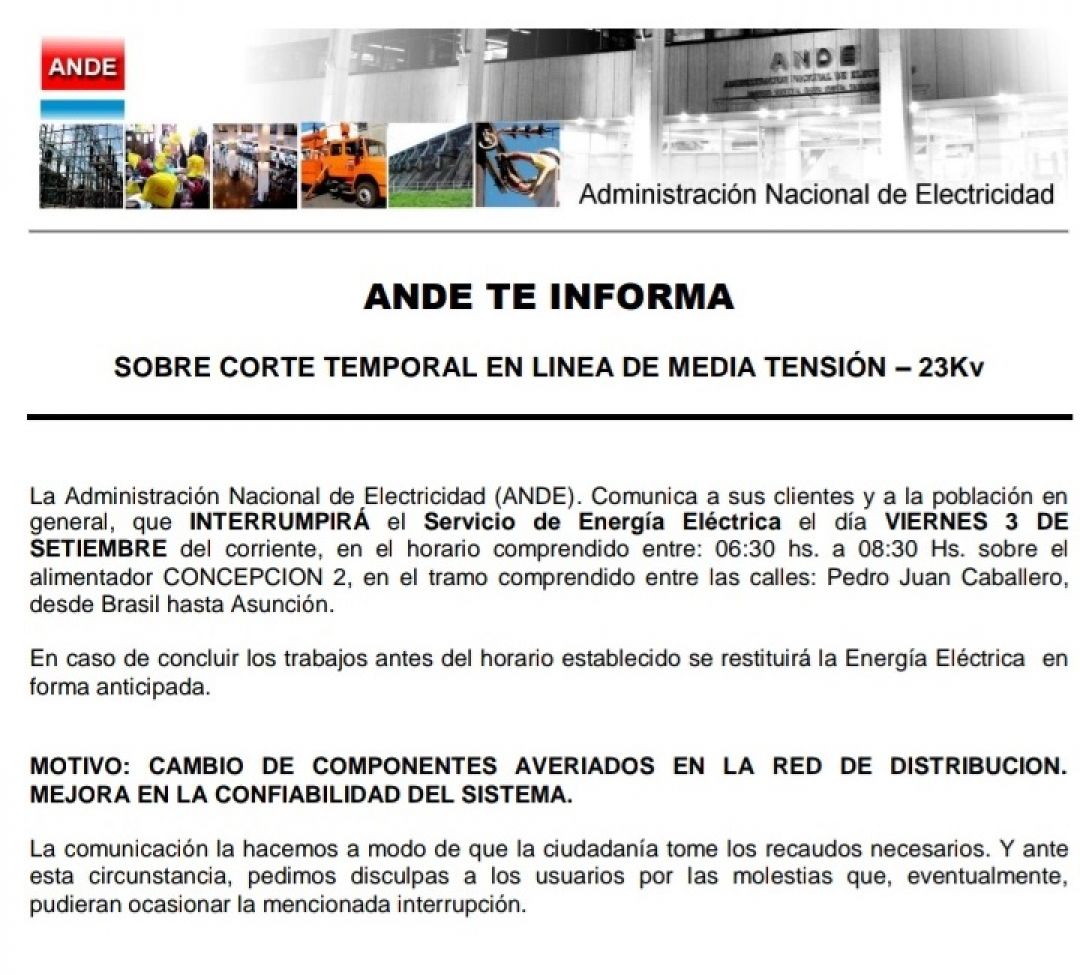 Ande informa sobre corte temporal en un sector del barrio Centro e Inmaculada