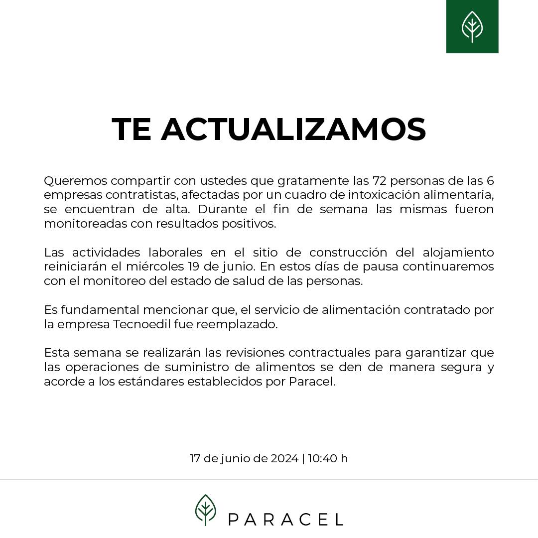 Paracel informó que los afectados por intoxicación alimentaria fueron dados de alta