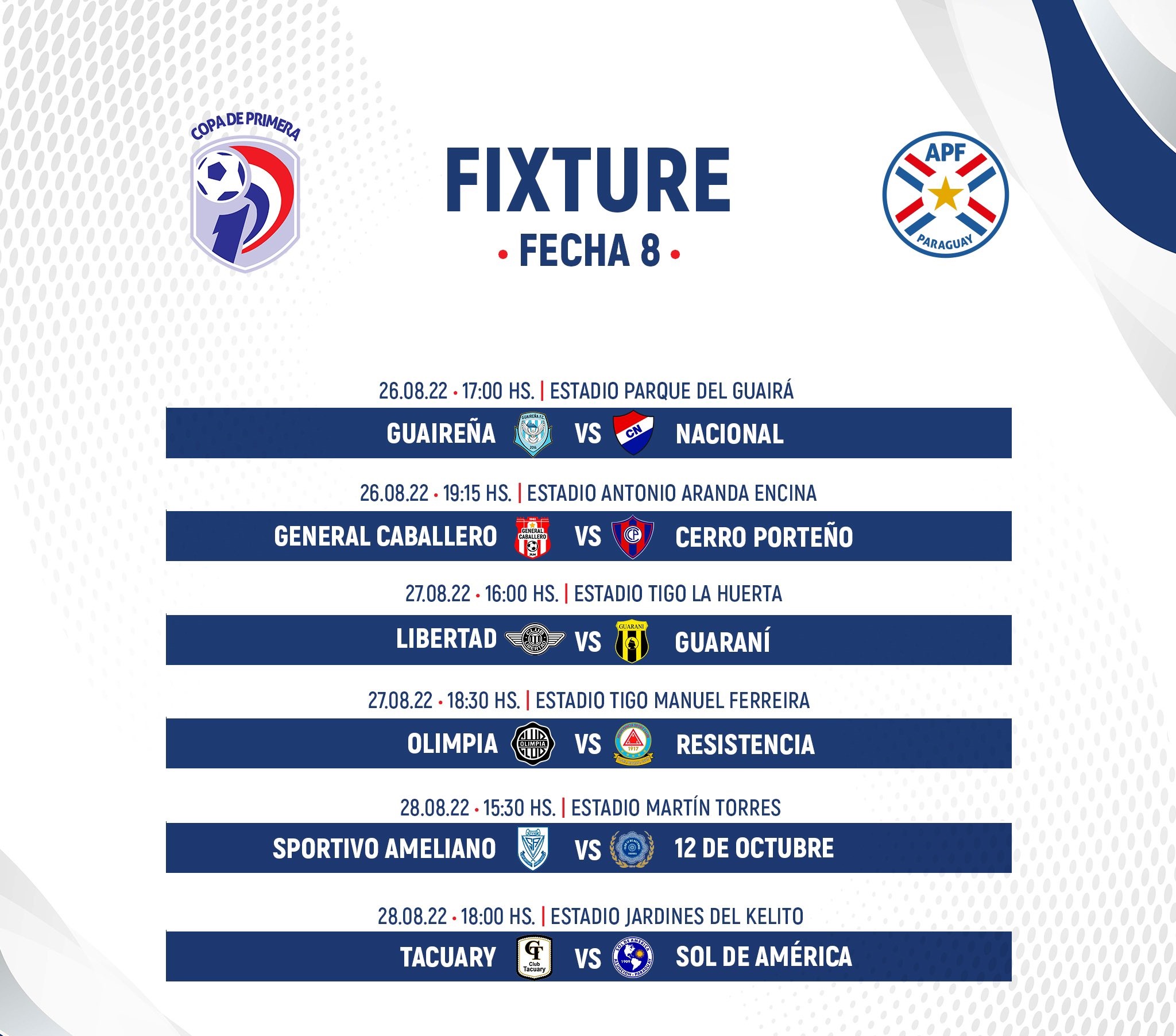 Fixture de la octava fecha del Torneo Clausura de la APF
