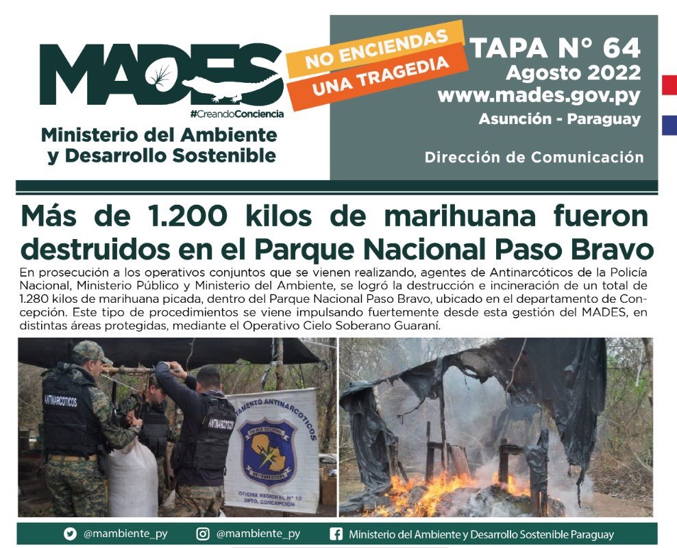 Mades destaca destrucción de más de una tonelada de marihuana en el Parque Nacional Paso Bravo