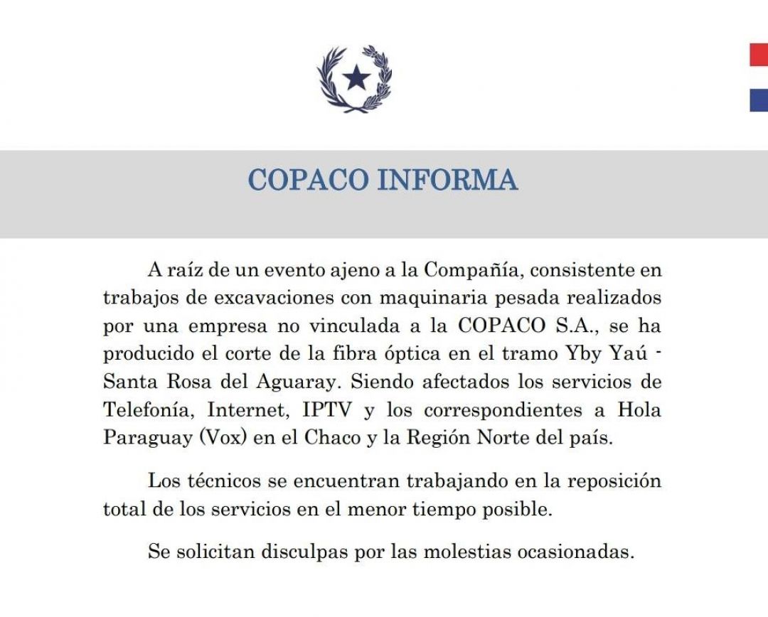 Corte de fibra óptica afectó a usuarios de Copaco en el norte y el Chaco
