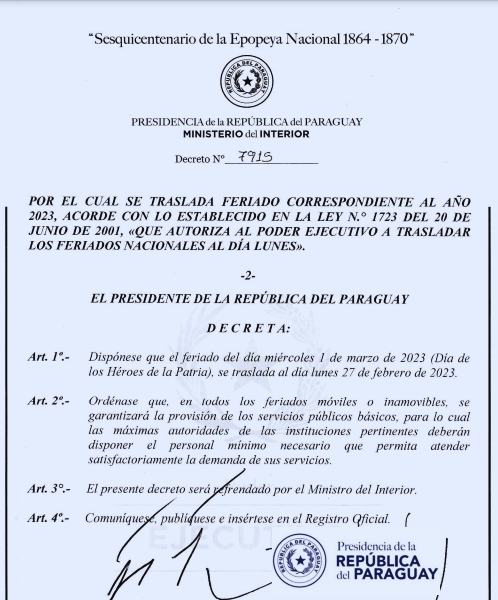 Ejecutivo oficializó traslado del feriado del 1 de marzo del 2023