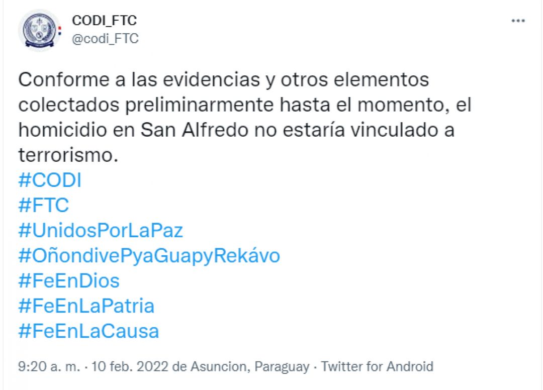 Comando de Operaciones descarta que asesinato en San Alfredo esté vinculado a terrorismo