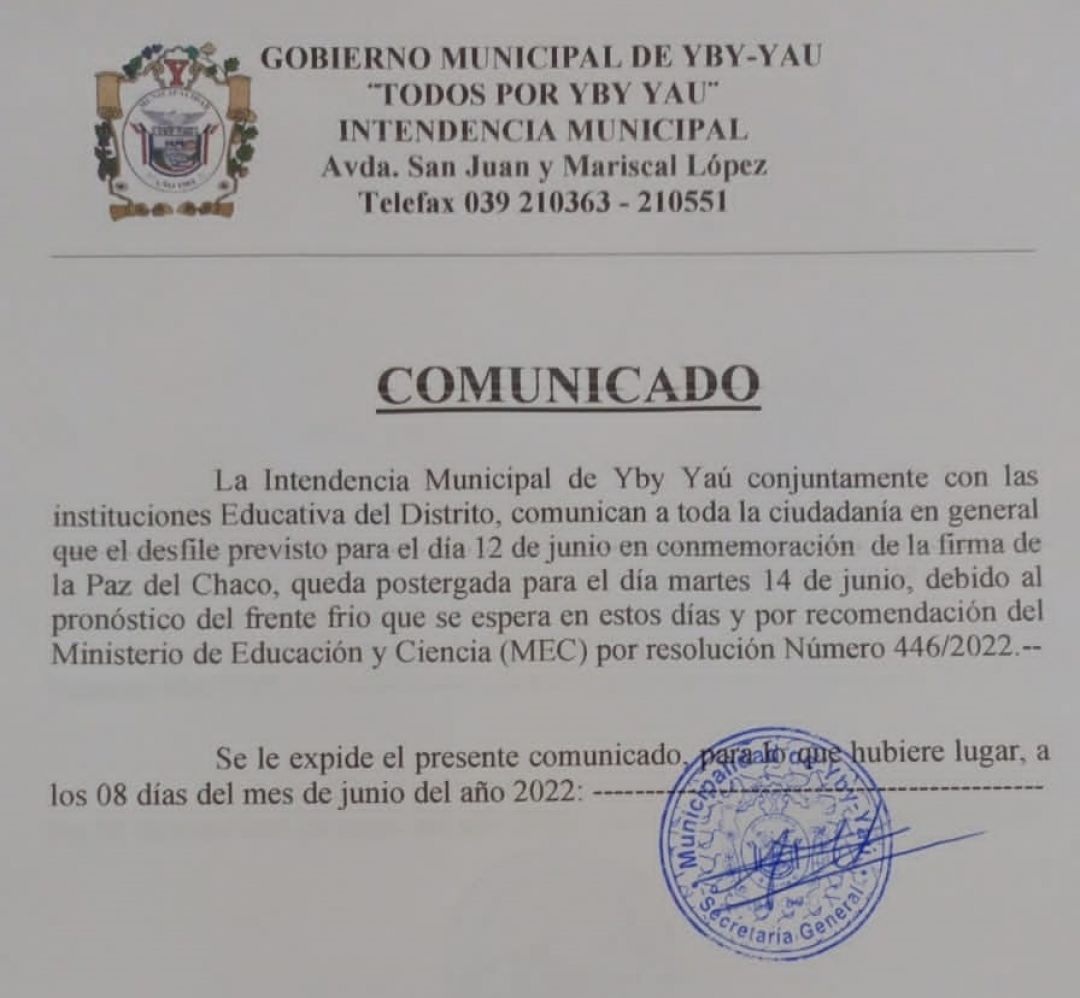 Trasladan fecha del desfile por la Paz del Chaco en Yby Yaú