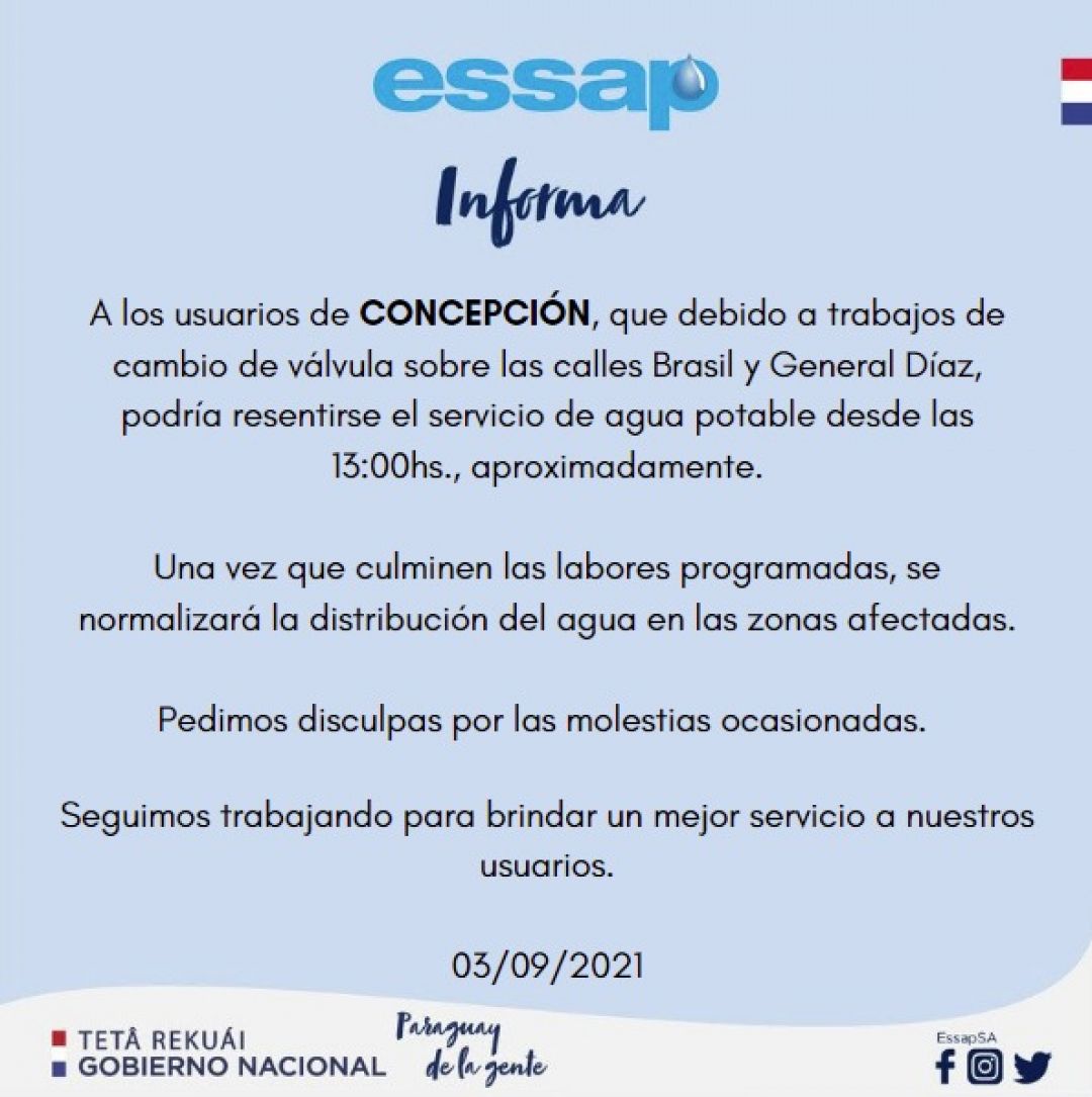 Essap anuncia corte del suministro de agua potable desde las 13:00 en Concepción