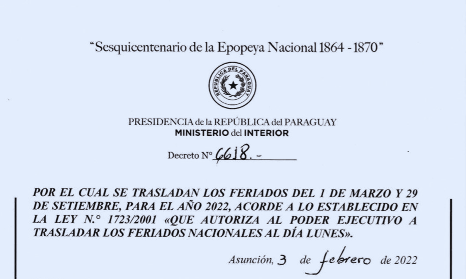 Este lunes 3 de octubre será feriado en Paraguay