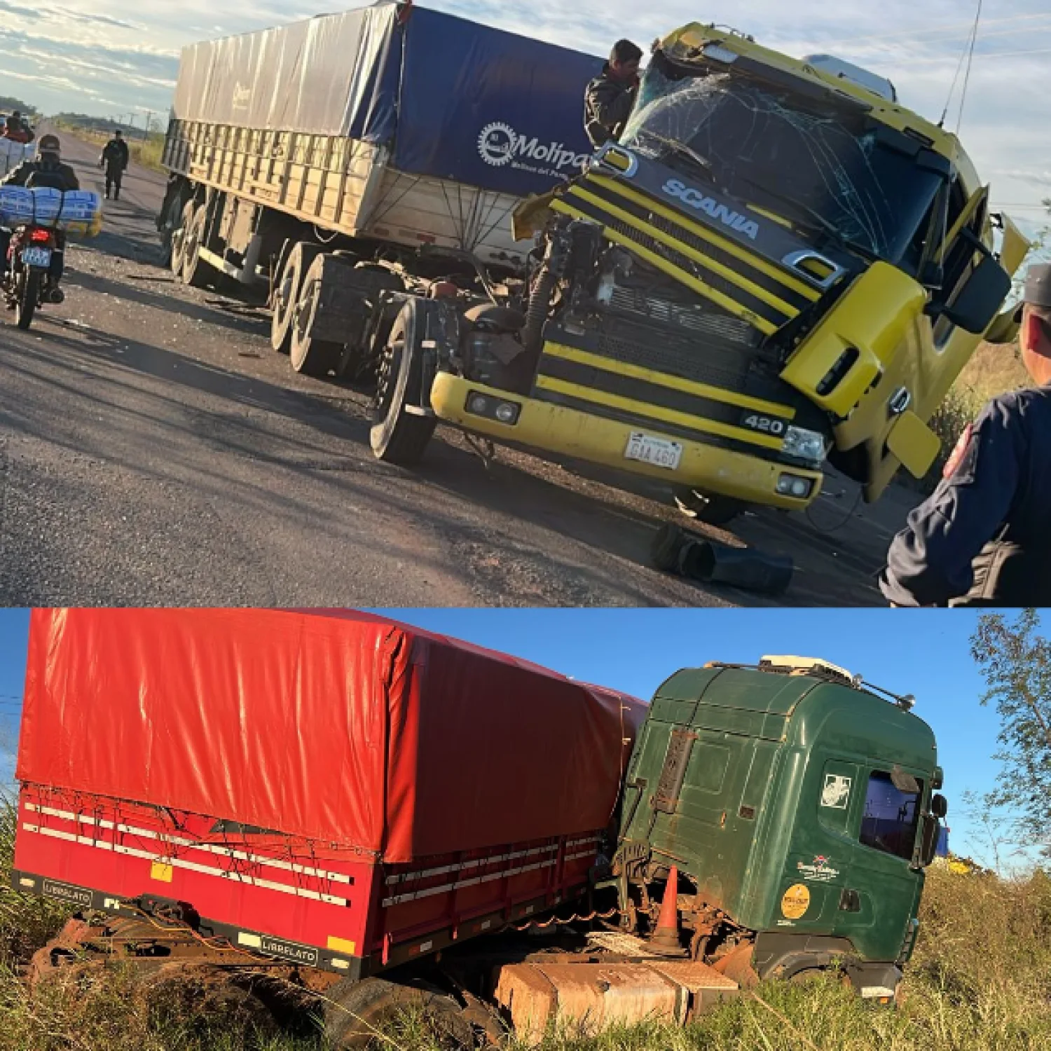 Choque frontal de dos camiones deja un herido a causa de baches